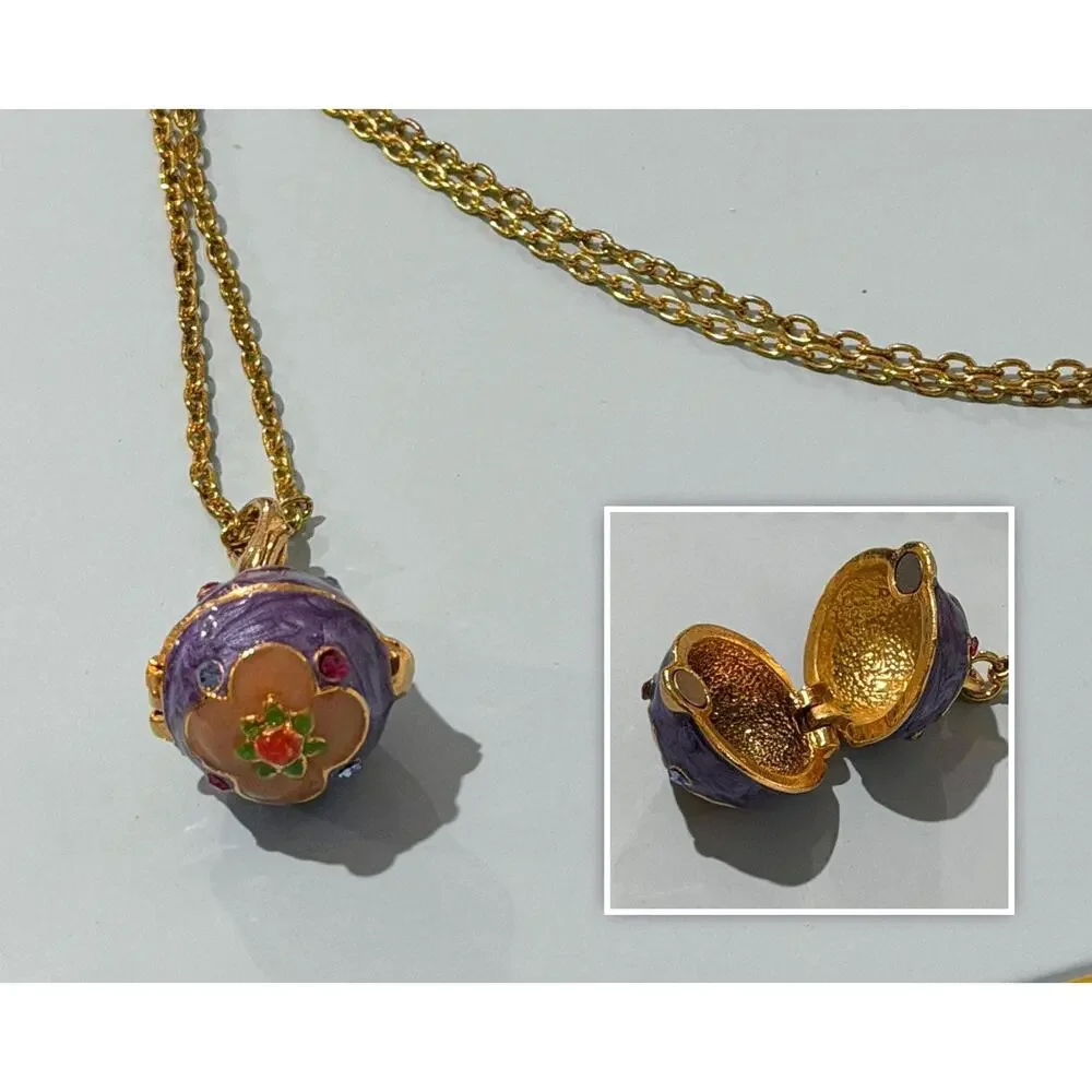 Vintage Joan Rivers Faberge Style Egg Locket Necklace • Purple Enamel • Gold Pl